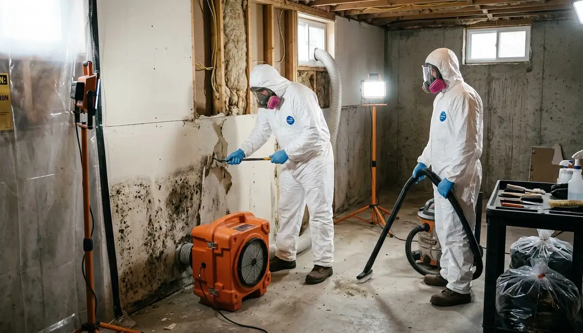 Menifee, CA water damage restoration team inspecting mold in a home after moisture damage
