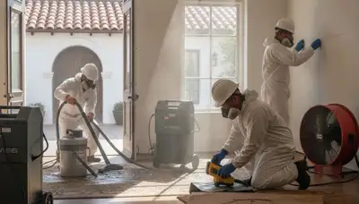 Water damage restoration team in Menifee, CA inspecting flood cleanup and drying equipment